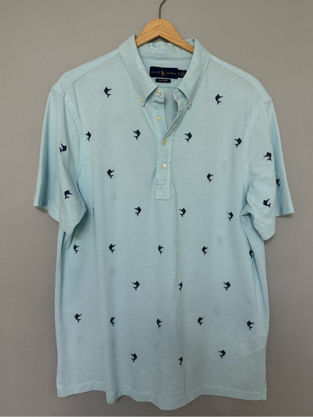 Ralph Lauren Men’s Knit Oxford Hampton Blue Embroidered Marlin Polo Shirt